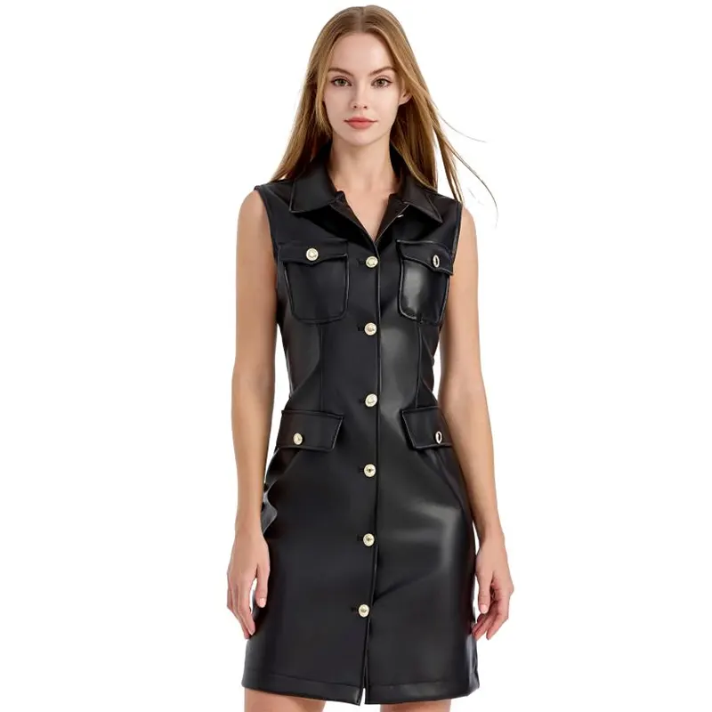 Robe midi boutonnée en cuir PU