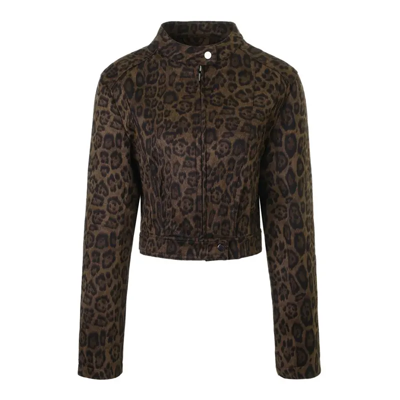 Veste courte en daim à imprimé léopard et col rond