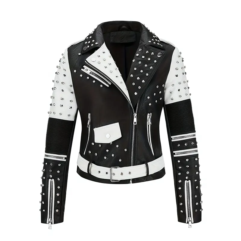 Veste motard en similicuir brodé avec clous