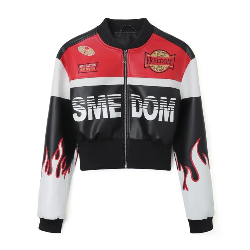 Veste motard en similicuir imprimé flamme