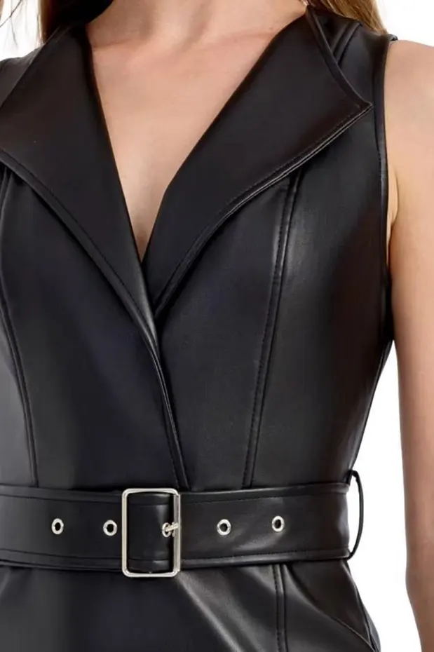 Fall Winter Belted V-Neck PU Leather Midi Dress