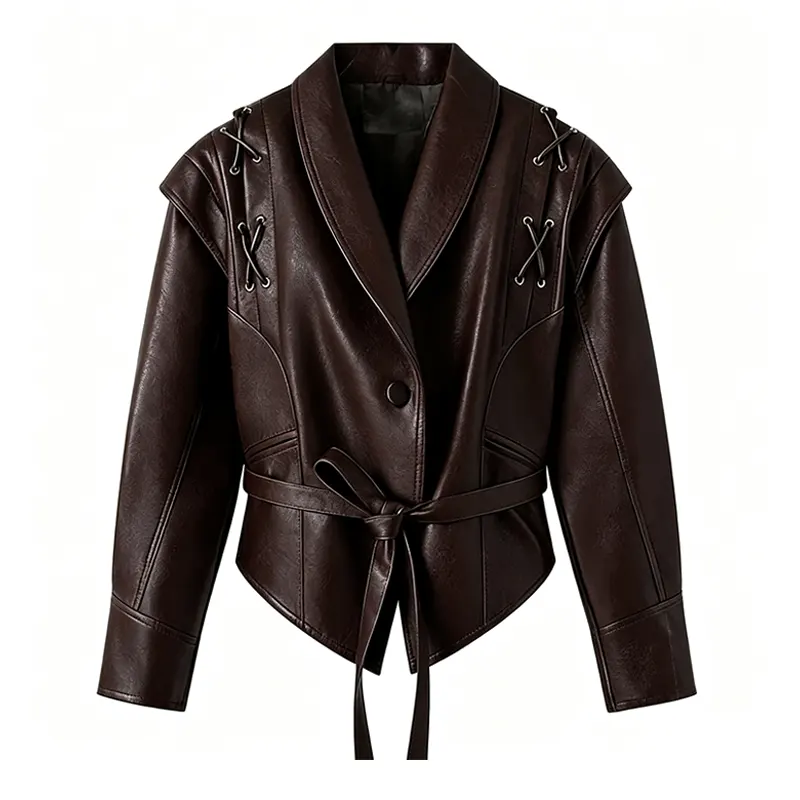 Veste en similicuir à épaules lacées et ceinture