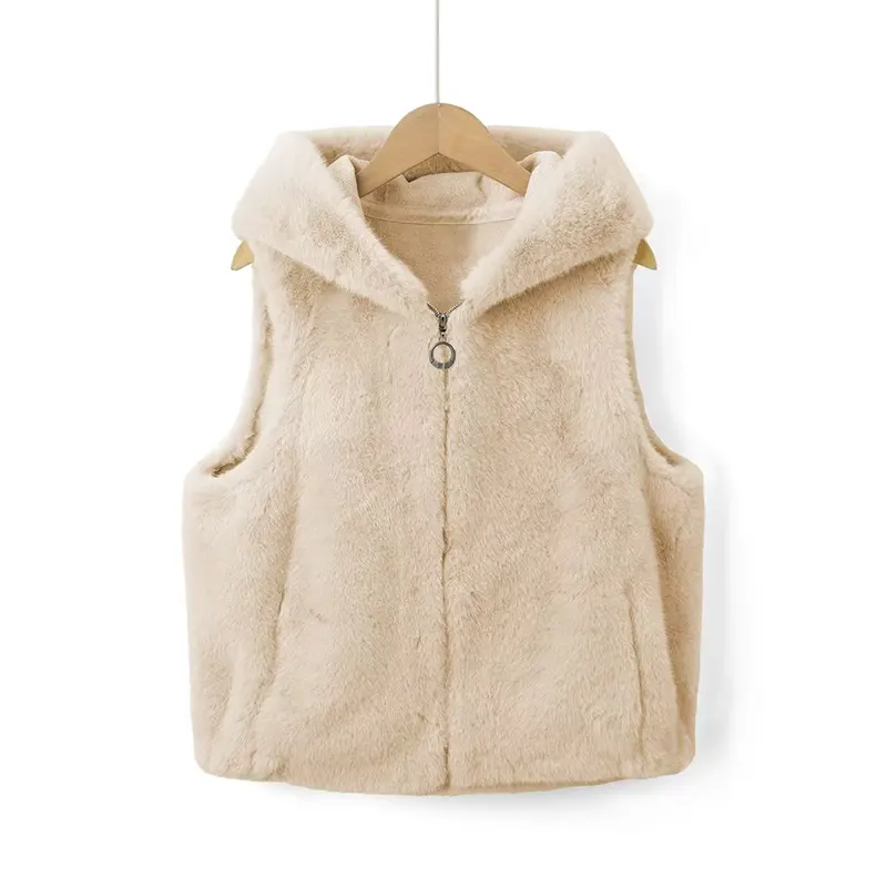 Gilet à capuche multicolore en fausse fourrure douce de qualité supérieure