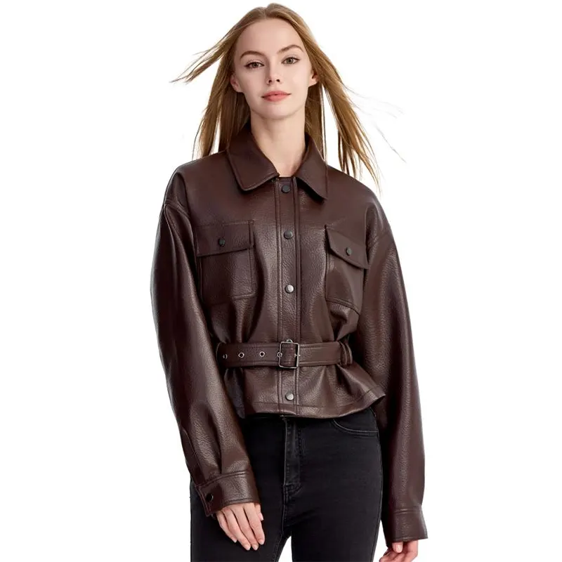 Veste en simili cuir grainé avec ceinture et poches