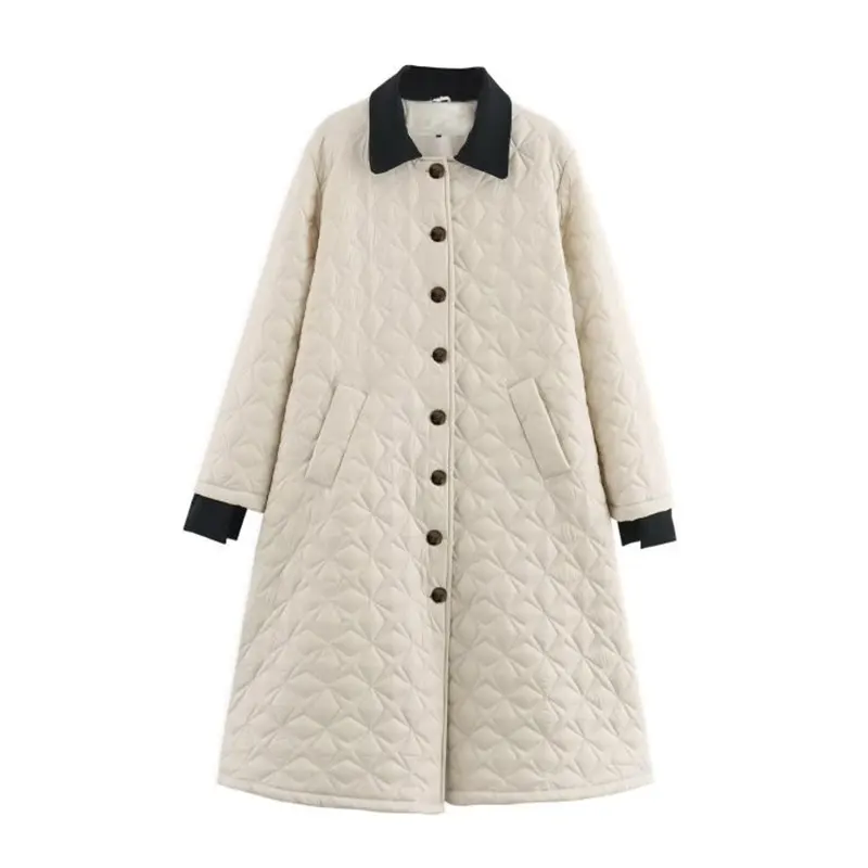 Manteau matelassé long boutonné à col contrasté à carreaux