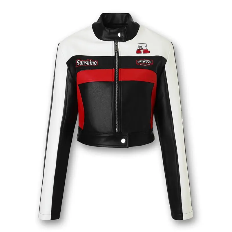 Veste motard en simili cuir de couleur contrastée rouge